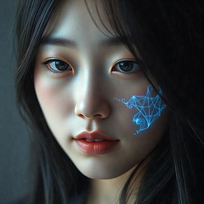 The primary subject of the image is a woman with a blue tattoo on her face. She is looking at the camera, and her eyes are open. The setting is a dark room, and the visual style is a close-up of the woman's face. The colors and mood of the image are dark and mysterious, with the blue tattoo adding a touch of vibrancy to the scene.